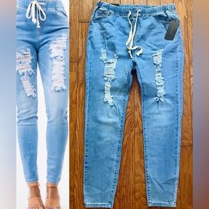 American Bazi Distressed Denim Jogger, size 1X, Light Blue
